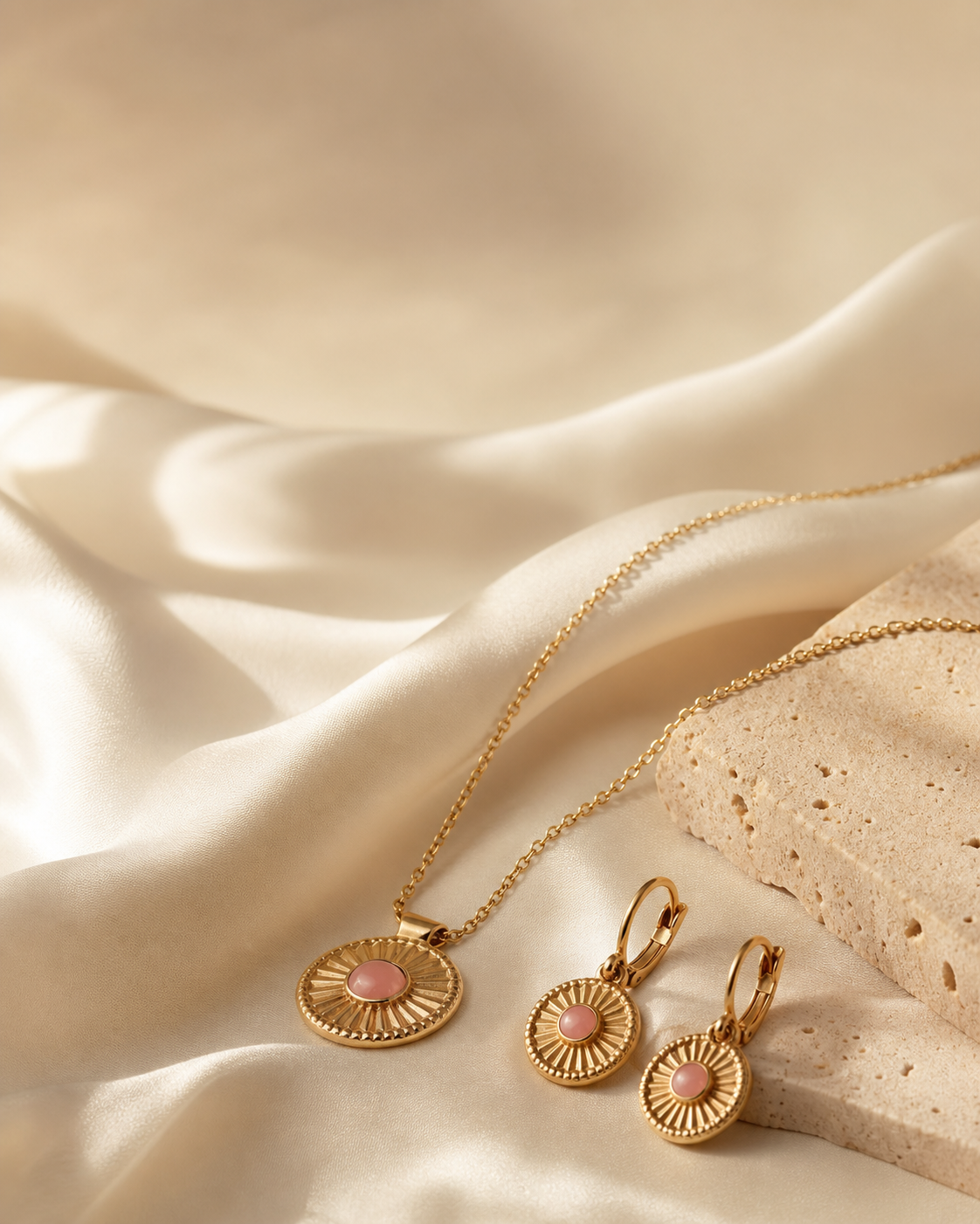 Collier et boucles dorés sur soie ivoire Emma Home Beauté